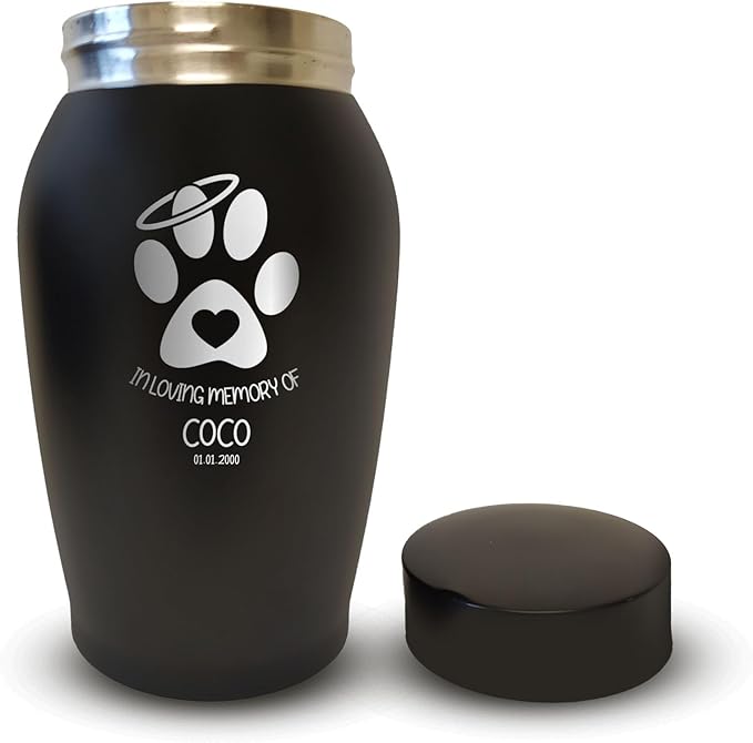 Personalized Custom Small Keepsake Urn Engraved with Pet Name, Date, and Dog Design - 5.2" Black Powder Coated Steel Cremation Urn for Dogs Ashes | 12-16 lb Capacity, Paw Heart and Halo