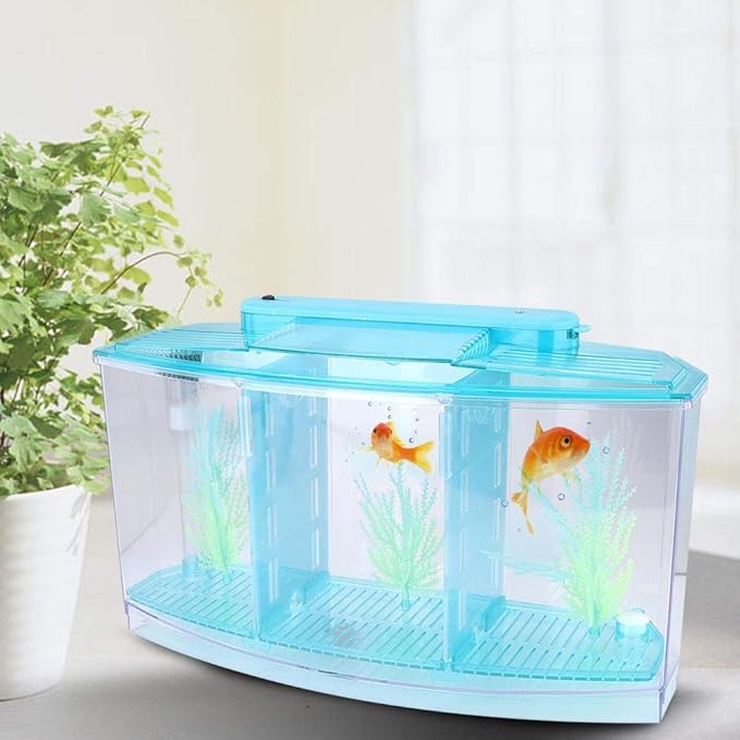 Fish , Desktop Transparent Breeding Fish , Mini Acrylic for Small Fishes with LED Light with Water Change Valve for Betta(Blue)
