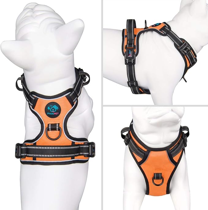 PHOEPET Reflective Dog Harness No Pull Large Breed Vest with 2 Metal Leash Attachment Hooks(XL, Orange)