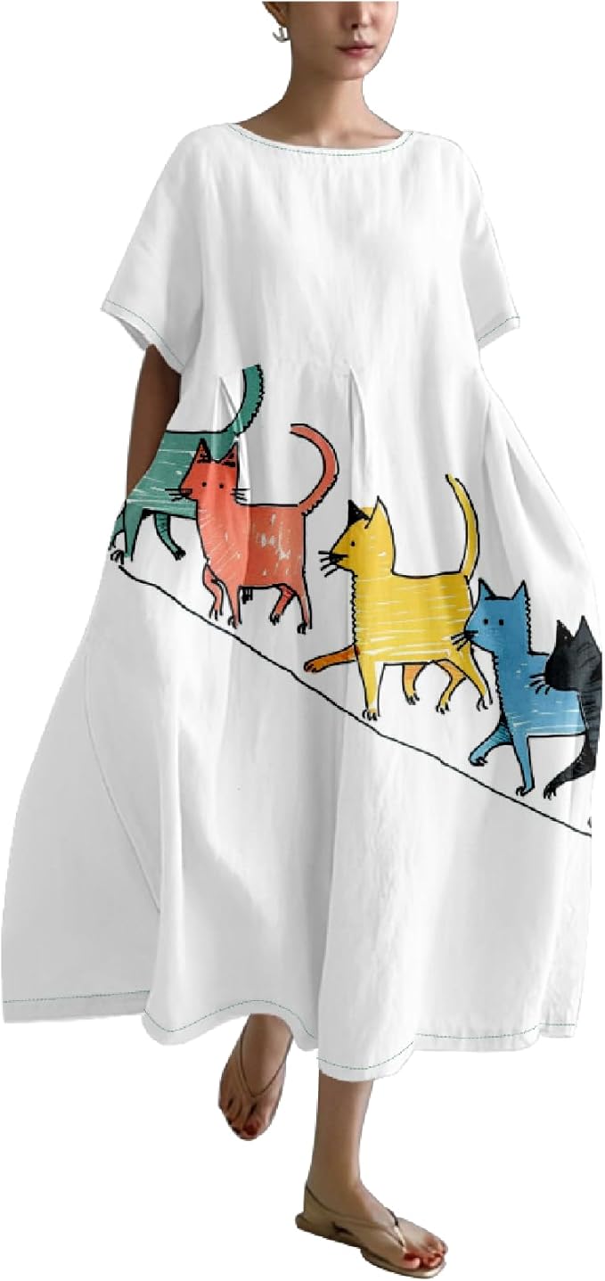 MARSVOVO Summer Dress for Women Funny Cat Graphic Cute Short Sleeve Maxi Dress Causal Plus Size Party Dress for Women