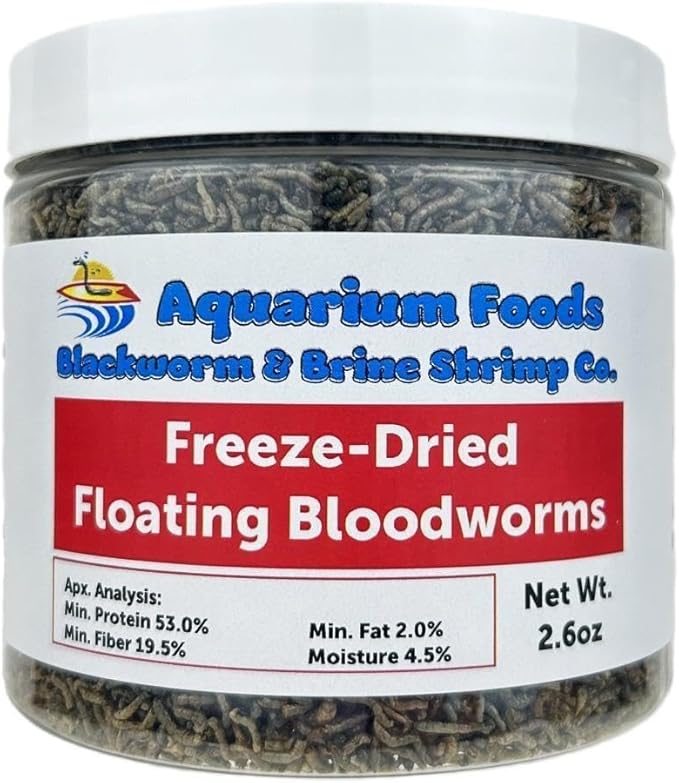 Aquatic Foods Inc. Bloodworms - Freeze-Dried Premium Grade A Floating Bloodworms for Discus, Cichlids, All Freshwater and Marine Tropical Fish and Most Carnivorous Plants…2.6oz Med Round Jar