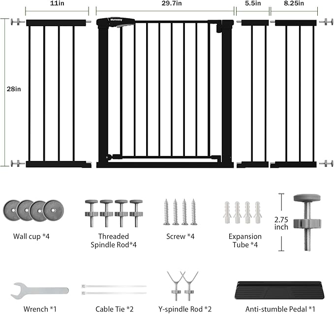 Mumeasy 36" Extra Tall Baby Gate for Doorways, 29.7"-57" Extra Wide Dog Gate for Stairs, Pressure Mounted Auto Close Pet Safety Gate with Easy Walk Thru Door, Large Indoor Child Gate for House, Black