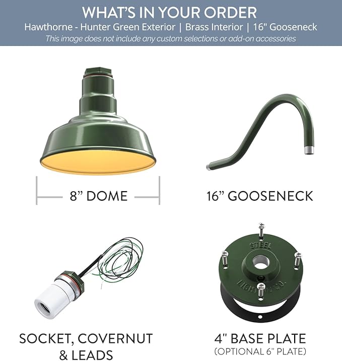 Steel Lighting Co. | Dusk to Dawn | Hawthorne Barn Light | Outdoor Wall Mounted | 8 in Dome | 16 inch Gooseneck| Small Farmhouse Light Made in America | Hunter Green/Brass