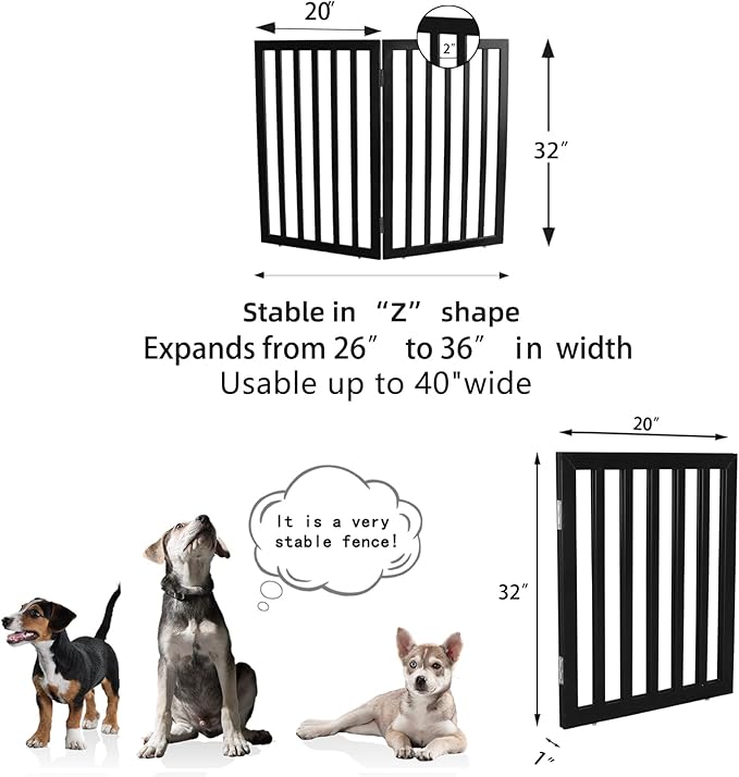 ZJSF Freestanding Indoor Dog Gate for House Foldable Wood Black Puppy Gate for Doorways Pet Gate for Stairs Extra Wide Pet Fence 32" Height 2 Panels