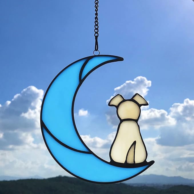 Stained Glass Dog Memorial on Blue Moon Window Hanging Suncatcher, Loss of Dog Sympathy Gift in Memory