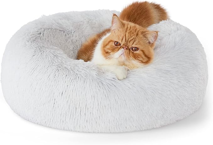 Bedsure Calming Cat Beds for Indoor Cats - Small Cat Bed Washable 20 inches, Anti-Slip Round Fluffy Plush Faux Fur Pet Bed, Fits up to 15 lbs Pets, Frost Grey