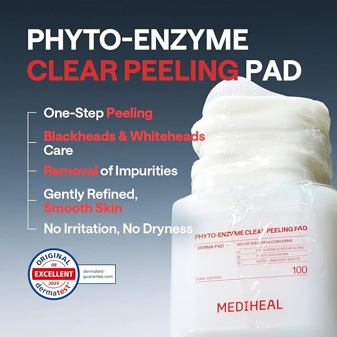 MEDIHEAL Toner Pads [Phyto Enzyme] Clear Peeling - Exfoliating Peeling Pad with LHA & Papaya Enzyme - Helps Blackhead & Whitehead Removal - Vegan Micro Embossed Non-Sensitive Pad (100 Count)