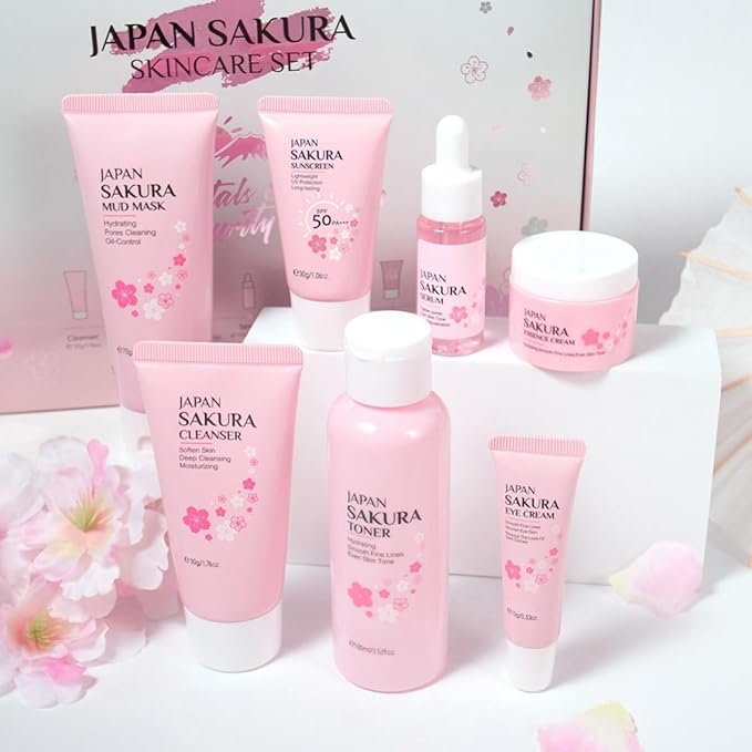 Sakura Skin Care Set, Skincare for Girls 10-12, 7Pcs Skincare Gift Set for Teens Complete Skincare Routine, Travel Size Skincare Set with Mud Mask, Kids Skin Care Set for Girls Ages 8-12