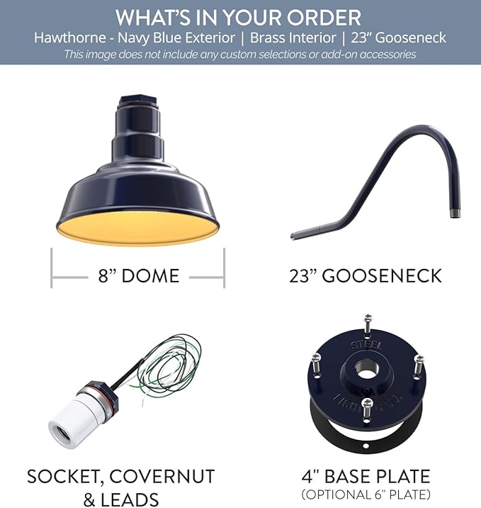 Steel Lighting Co. | Dusk to Dawn | Hawthorne Barn Light | Outdoor Wall Mounted | 8 in Dome | 23 inch Gooseneck| Small Farmhouse Light Made in America | Navy Blue/Brass