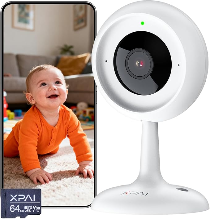 Indoor Camera for Home, 3MP Indoor Camera no Subscription Baby Monitor for Google TV Display, No Monthly Fee, 2-Way Audio, Night Vision,Human Motion Pet Detection with Free 64GB Card