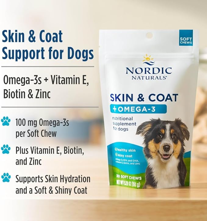 Nordic Naturals Pet Skin & Coat Soft Chews with Omega-3-30 Pork Bone Broth Flavored Soft Chews - Nutritional Support for Healthy Skin & a Soft and Shiny Coat - Non-GMO and IFOS Certified