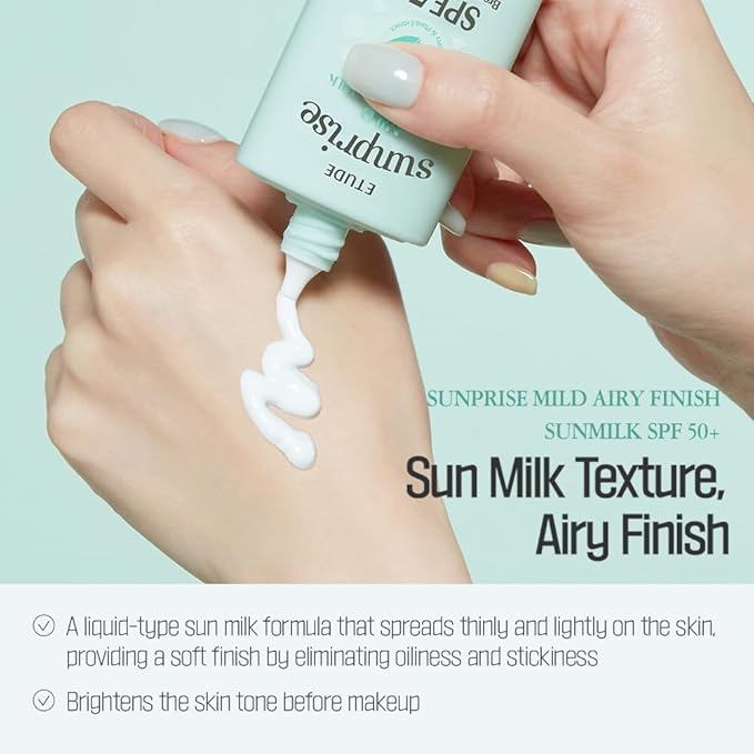 ETUDE Sunprise Sunscreen Mild Sun Milk SPF 50+ / PA++++ (55ml) | Sebum-free, Non-Sticky, Long Lasting Protection, 100% Mineral Korean Sunscreen for sensitive skin