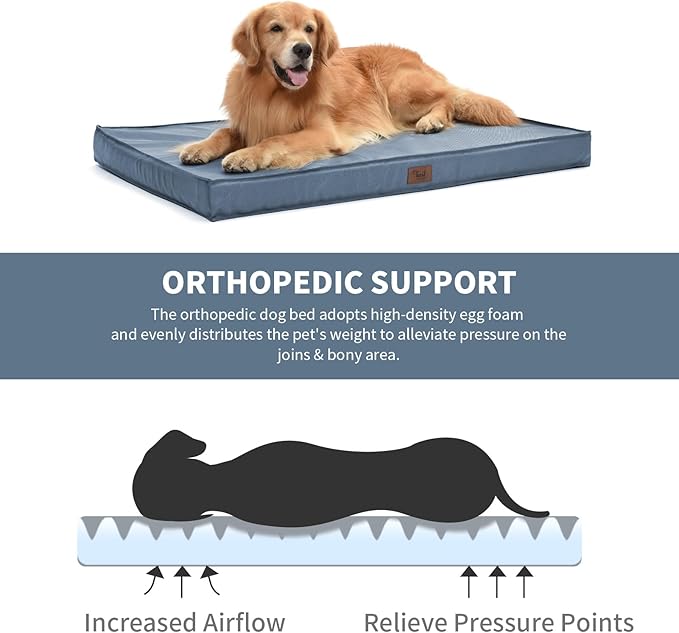 Outdoor Large Washable Dog Bed, Orthopedic Egg Crate Foam Dog Crate Mat for Large Dogs with Removable Oxford Cooling Cover, Blue