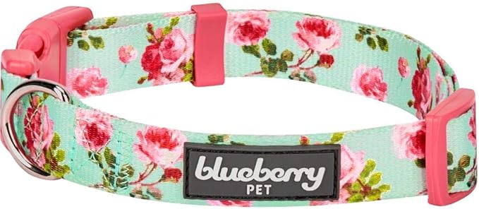 Blueberry Pet Floral Rose Print Turquoise Dog Collar - Adjustable Medium Dog Collars for Small Dogs & Puppies, Neck 14.5"-20", Eco-Friendly, Pink Girl Collar,
