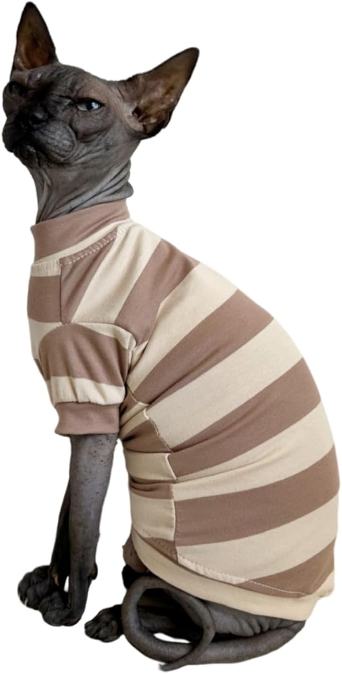 Sphynx Cat Clothes Shirts for Hairless Cat, Wide Stripe Cats Apparel, Kitten Summer Cotton T-Shirts with Sleeves for Cornish Rex, Devon Rex, Peterbald (Coffee, Medium)