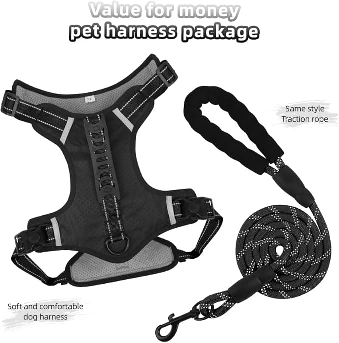 Dog Harness No Pull Adjustable Reflective,for Medium and Large Small Dog with Leash 59.06in (Black, S)