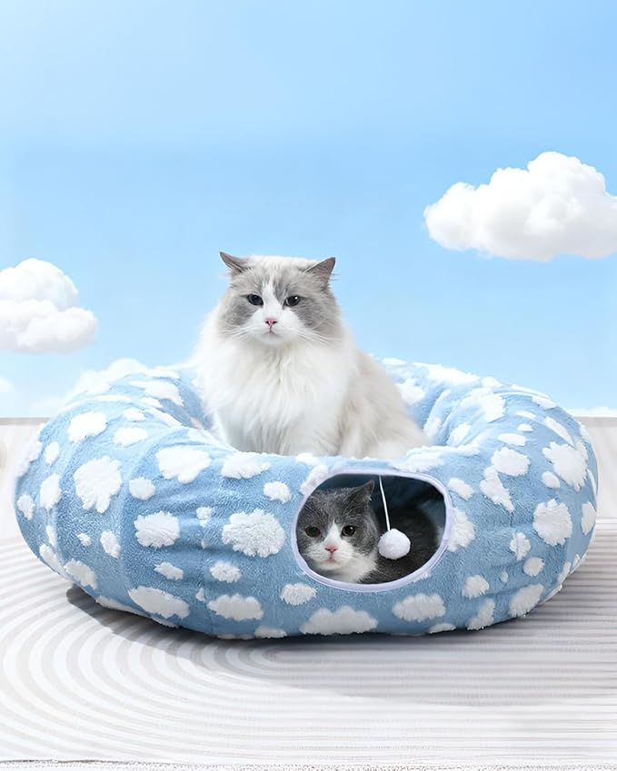 Grelife Cat Tunnel Bed for Indoor Cats, Cute Cat Tunnel Toys, Cat Donut Tunnel Toys with Washable/Removable Cushion, Non-Slip Base, for Cats, Kittens, Small Pets(33.5")