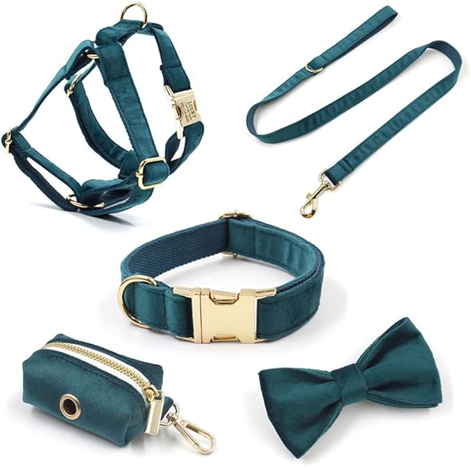 PETDURO Custom Dog Collar Personalized with Name Engraved Quick Release Rose Gold Metal Buckle for Large Medium Small Girl Dogs - Dog Leash and Bow Tie Available - Soft Comfy Velvet (Gem Green, L)