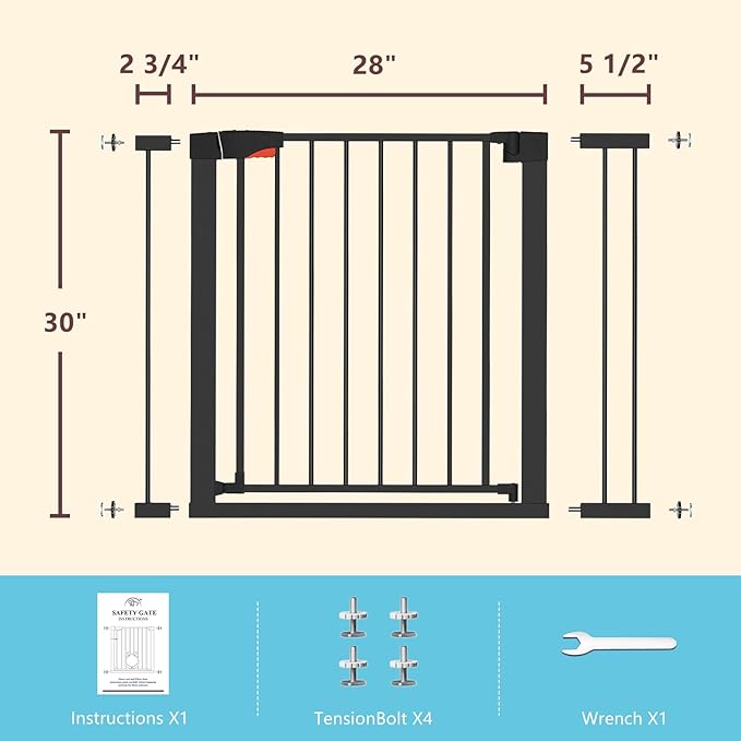 MAVRICFLEX Steel Dog Gate, No-Drill Pressure-Mounted Pet Gate for Door, Auto-Close < 45 °, Black