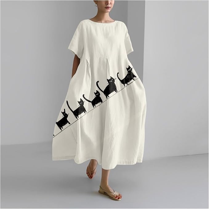 MARSVOVO Summer Dress for Women Funny Cat Graphic Cute Short Sleeve Maxi Dress Causal Plus Size Party Dress for Women