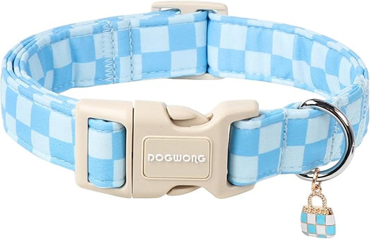 DOGWONG Blue Checkered Dog Collar, Blue Plaid Dog Collars, Adjustable Cute Boy Pet Collars Girl Design Dog Collar for Small Medium Large Dogs