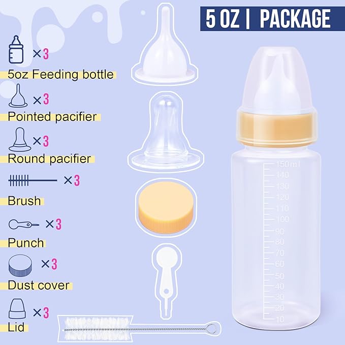 ASEVAT 5 oz 3PackPet Feeding Bottle, Anti-Choking Puppy Feeder Design,with 3pcs Replaceable and Reusable Silicone Nipples for Feeding Puppies, Kittens, Small Animals