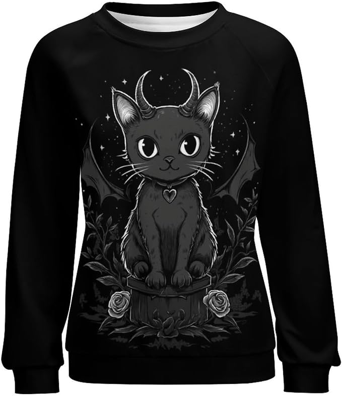 Halloween Sweatshirts for Women Black Cat Print Pullover Crewneck Oversized 2024 Fall Fashion Casual Warm Shirt