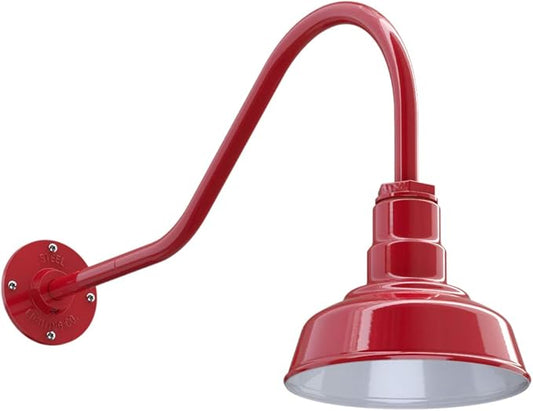 Steel Lighting Co. | Dusk to Dawn | Hawthorne Barn Light | Outdoor Wall Mounted | 8 in Dome | 23 inch Gooseneck| Small Farmhouse Light Made in America | Red Exterior/White Interior
