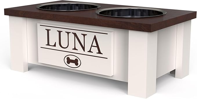 GTW Personalized Elevated Dog Bowl Stand for Large, Medium, Small, X-Small Dogs - Stainless Steel Food and Water Bowls - Raised Dog Dish with Internal Storage (Small, Dark Walnut)