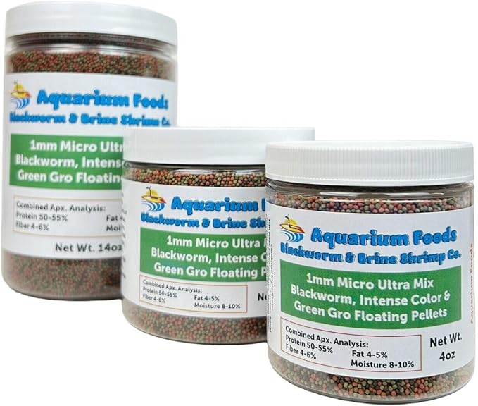 Aquatic Foods Inc. Blackworm, Intense Coloring, Spirulina 1mm Premium Floating Pellets for Small & Baby Cichlids, Discus, All Tropical Fish, Koi & Pond Fish…8oz Medium Round Jar