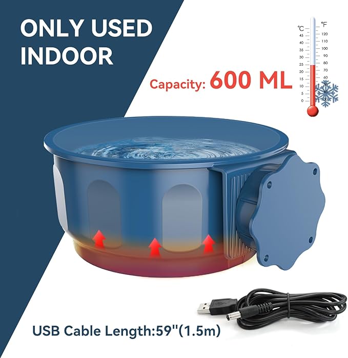 NAMSAN Small Heat Pet Bowl for Cats Rabbits Indoor, 0.6L Heated Water Bowl, Water & Food Thermal-Bowl for Dog Cage, Hanging Kennel Dish, USB Cable, Self-Assembly