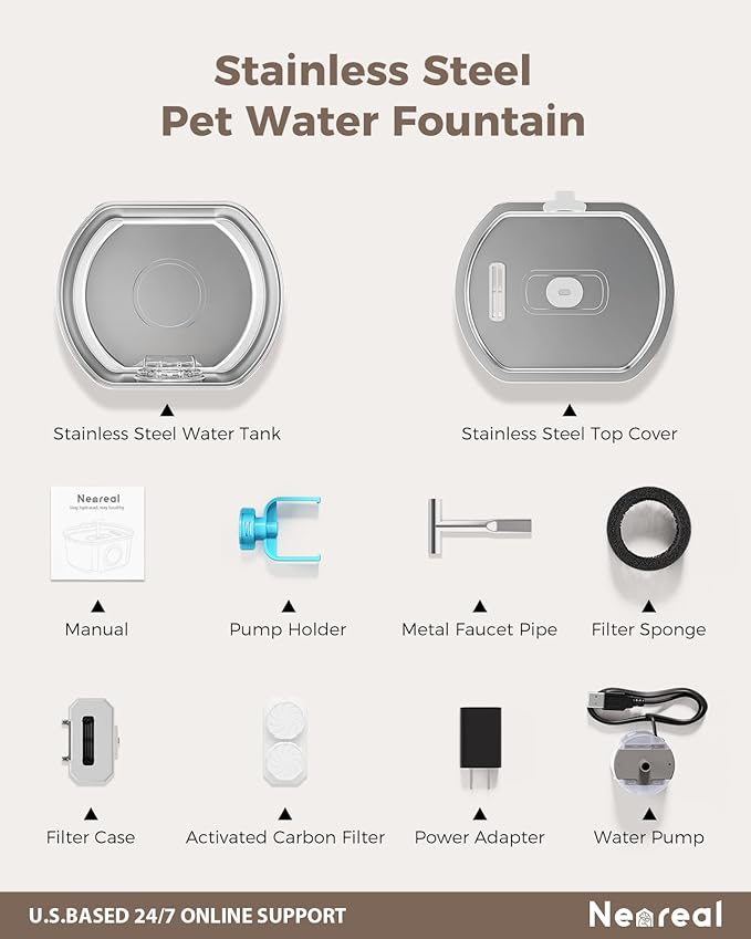 Cat Water Fountain Stainless Steel - Pet Drinking Fountain for Cats Indoor - 3.2L/108oz Automatic Water Dispenser with Watering Level Window (1 Filter)