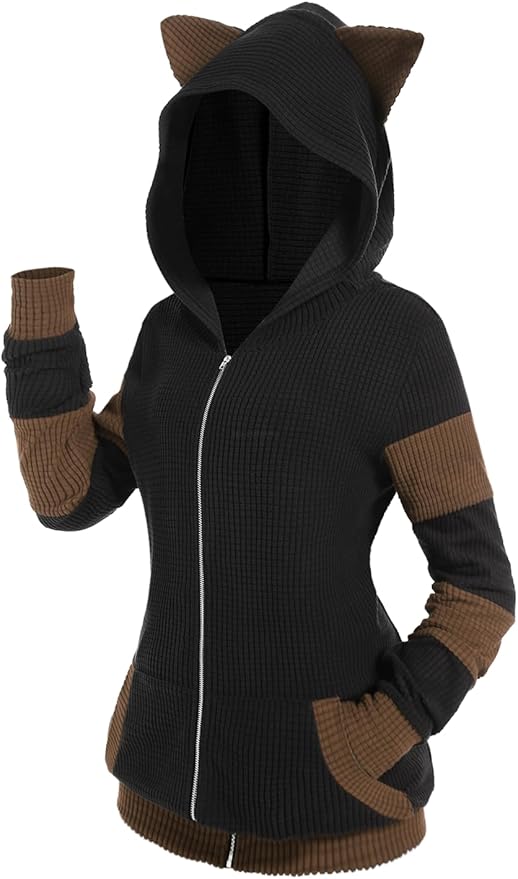 ROSE GAL Rosegal Women Plus Size Cat Ear Ribbed Hooded Blouson Jacket Animal Ear Two Tone Cute Hoodie