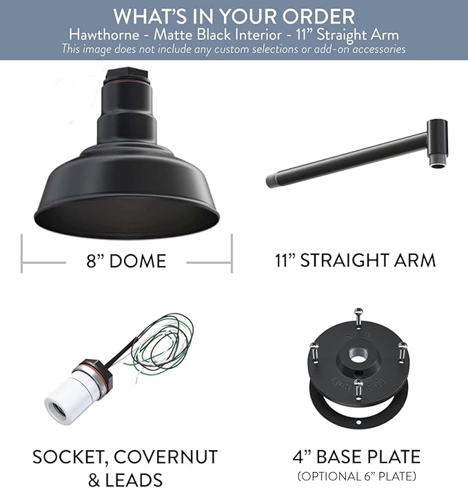 Steel Lighting Co. | Dusk to Dawn | Hawthorne Barn Light | Outdoor Wall Mounted | 8 in Dome | 11 inch Straight Arm| Small Farmhouse Light Made in America | Black Exterior/White Interior
