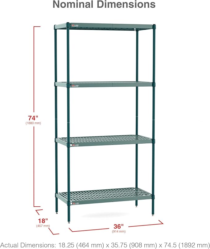 METRO Super Erecta Pro Shelving Unit with Metroseal Green Epoxy, Microban and Removable Plastic Shelf Mats - Wire Shelving for Restaurants, and More - 18" W x 36" L x 74.5" H - NSF Certified