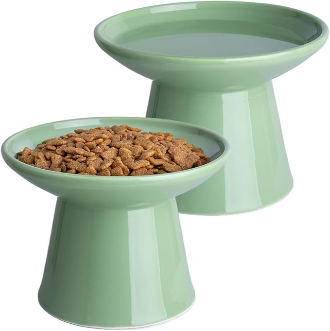 6.2 Inch Extra Wide Elevated Ceramic Cat Bowls, Food and Water Bowl Set for Elder Big Cats Small Dogs, Raised Design for Pet Easy Eating, Protect Cat's Spine Set of 2(Light Green)