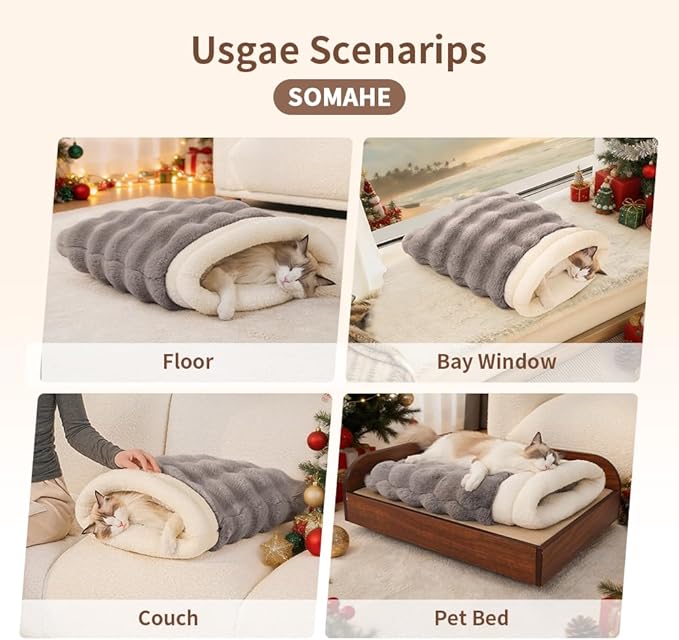 Cat Sleeping Bag for Indoor Cats Self Warming Cat Bed Fits up to 15 lbs Pets Soft Plush Warm Bed 360° Wrap Bag Washable Comfortable Pet Sleeping Bed 21" × 17" Coffee