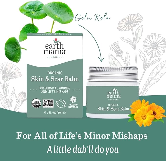 Earth Mama Organic Skin & Scar Balm |C-Section Recovery Skin Care, Pregnancy Stretch Mark Scar Cream with Organic Jojoba Oil, Tamanu Oil & Gotu Kola (2-Pack)