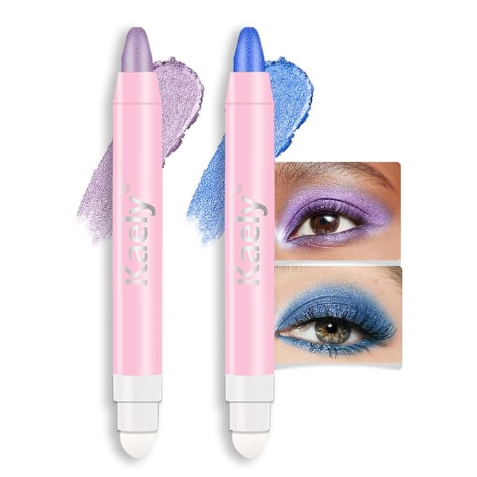 evpct 2Pcs Cream Eye Shadow Brightener Sticks Set for Eyes Waterproof, Violet & Royal Blue Shimmer Cream Eyeshadow Applicator Stick Long Lasting Pigmented Eye Makeup sombras en crema para ojos 9+13