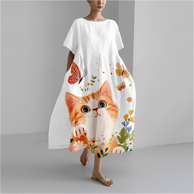 MARSVOVO Summer Dress for Women Funny Cat Graphic Cute Short Sleeve Maxi Dress Causal Plus Size Party Dress for Women