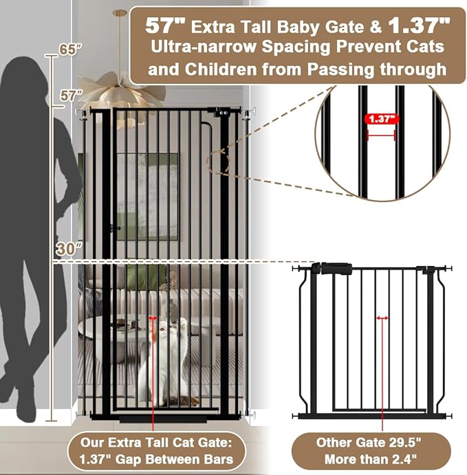 57" Extra Tall Pet Gate for Cats Dogs-43.4"-48" Extra Wide Cat Gate for Doorways and Stairs-1.37" Ultra Narrow Spacing Pressure Mounted Dog Gate with One-Handed Operation(43.4"-48")