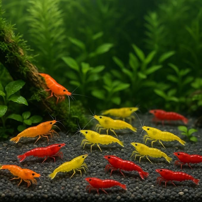 7 Orange & 7 Yellow & 7 Fire Red Three Mix Colors Live Shrimps Freshwater Shrimp High Grade Live Shrimps – Freshwater Shrimp Aquarium Inverts – with Live Arrival Guarantee (Pack of 21+)