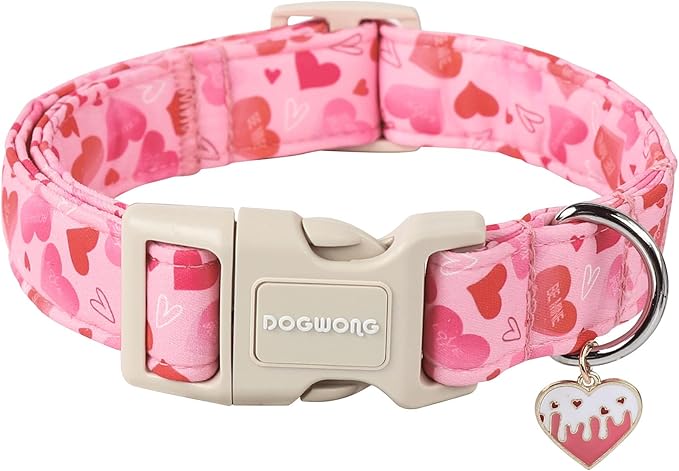 DOGWONG Valentine's Day Dog Collar, Cute Heart Dog Collars, Adjustable Valentine Pink Heart Pet Collars Design Dog Collar with Quick Release Buckle for Puppy Girl Boy Female Dogs