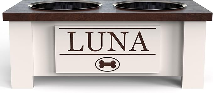 GTW Personalized Elevated Dog Bowl Stand for Large, Medium, Small, X-Small Dogs - Stainless Steel Food and Water Bowls - Raised Dog Dish with Internal Storage (Small, Dark Walnut)