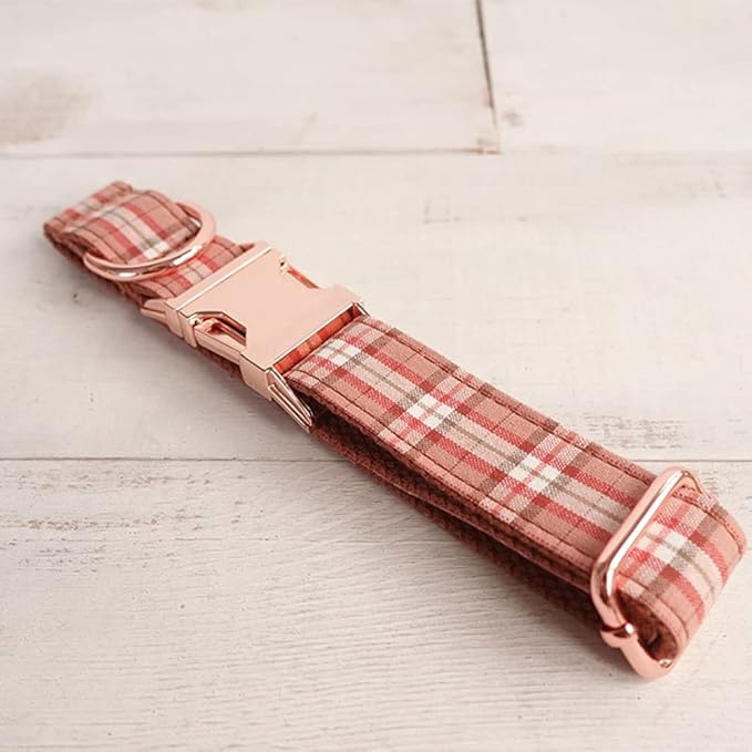 PETDURO Personalized Plaid Dog Collar Orange - Engraved Name and Phone Number on Rose Gold Metal Buckle - Custom for Small Medium Large Boy Girl Dogs - Add Leash Bow Tie via Customize Now