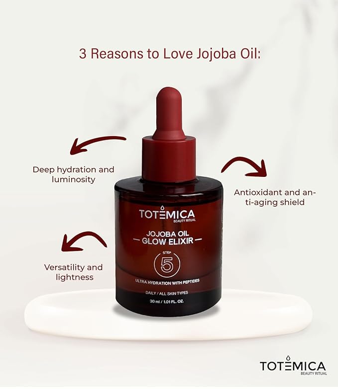 TOTEMICA Organic Jojoba Oil Glow Elixir – Hydrating & Anti-Aging face oil with Peptides | Vegan & Non-Comedogenic facial oil & moisturizing body oil for skin oil & hair oil (1.01 Fl Oz)