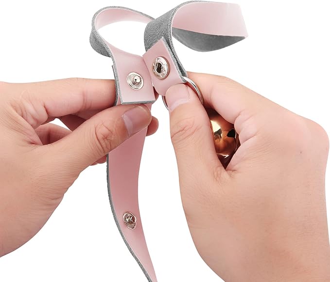 Leather Dog Doorbells for Door Knob/Potty Training/Go Outside, Length Adjustment Copper Dog Bell, Housetraining Hanging Bell, Pink Leather Silver Bells - 2 Pack