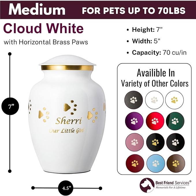 Pet Urn for Dogs and Cats with Personalized Laser Engraving, Ottillie Paws Premier Series Memorial Urns (Medium Cloud White with Horizontal Brass Paws)