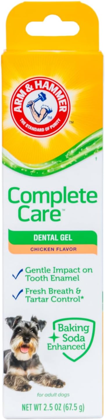 Arm & Hammer Complete Care Dental Gel, Gel-Style Dog Toothpaste - Fresh Breath, Tartar Control, Gentle on Enamel, Fluoride Free - Baking Soda Enhanced Dental Dog Supplies, Chicken Flavor, 2.5oz