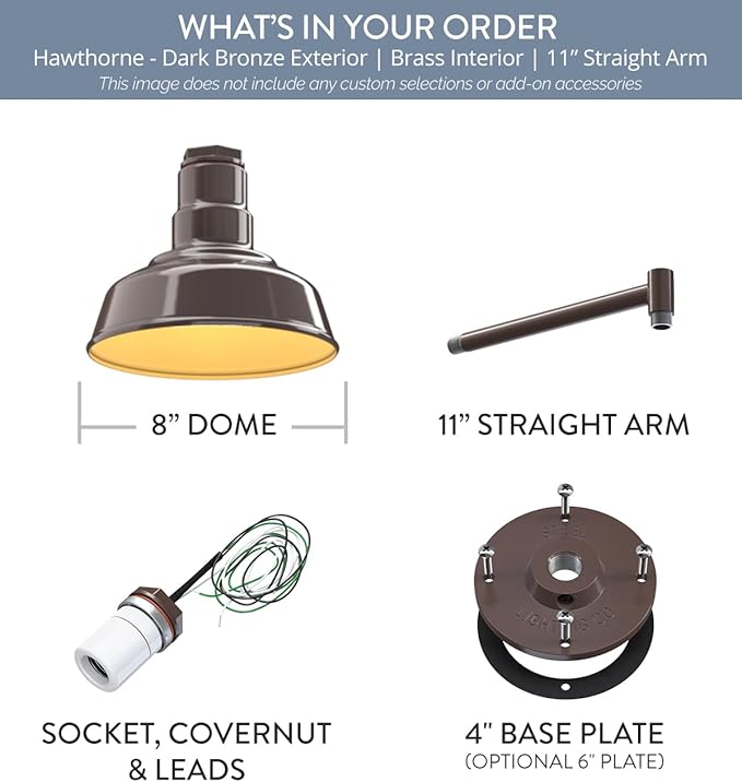 Steel Lighting Co. | Dusk to Dawn | Hawthorne Barn Light | Outdoor Wall Mounted | 8 in Dome | 11 inch Straight Arm| Small Farmhouse Light Made in America | Dark Bronze/Brass